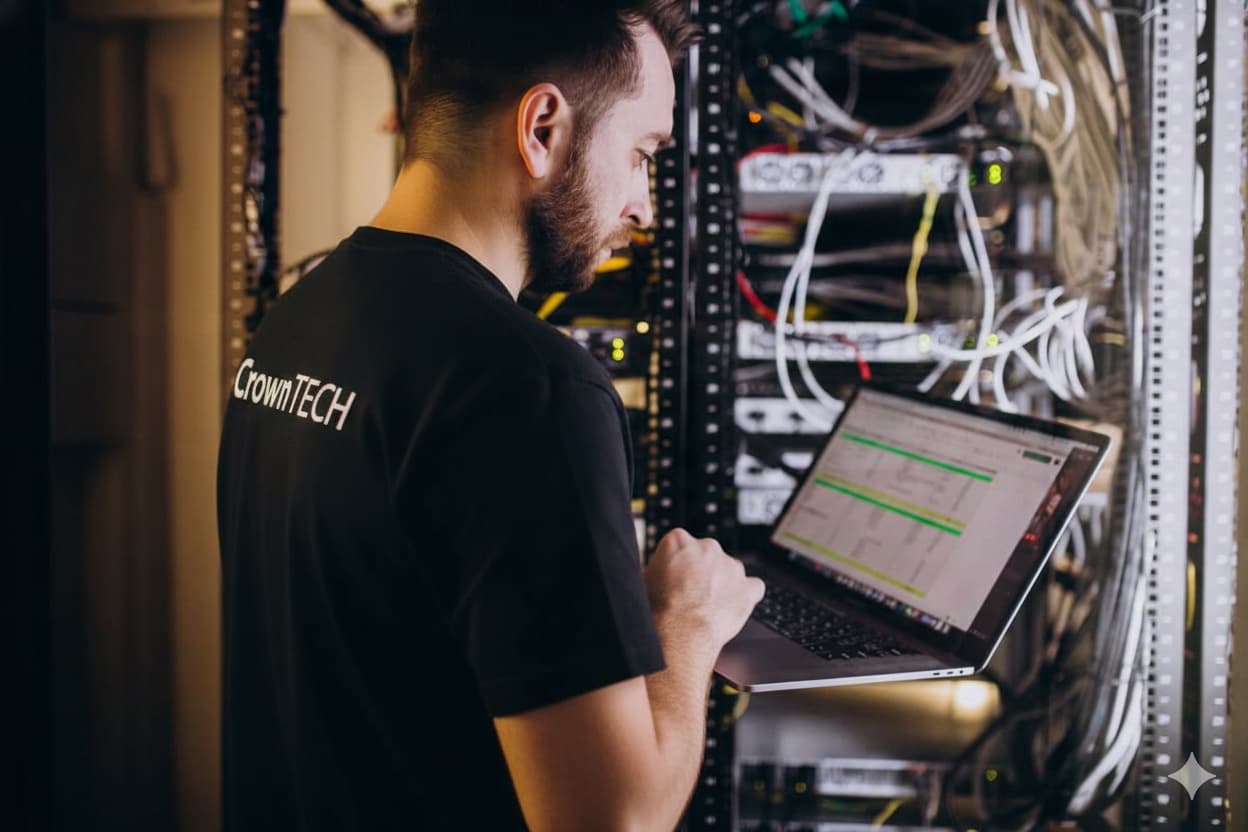 CrownTECH technician verifying campus network and system configuration post-move