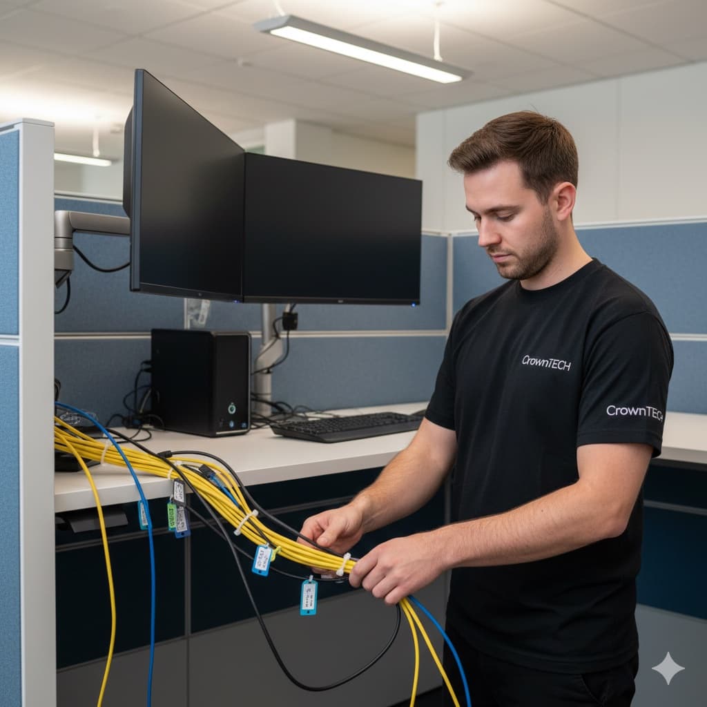 CrownTECH technician documenting and organizing campus network cabling