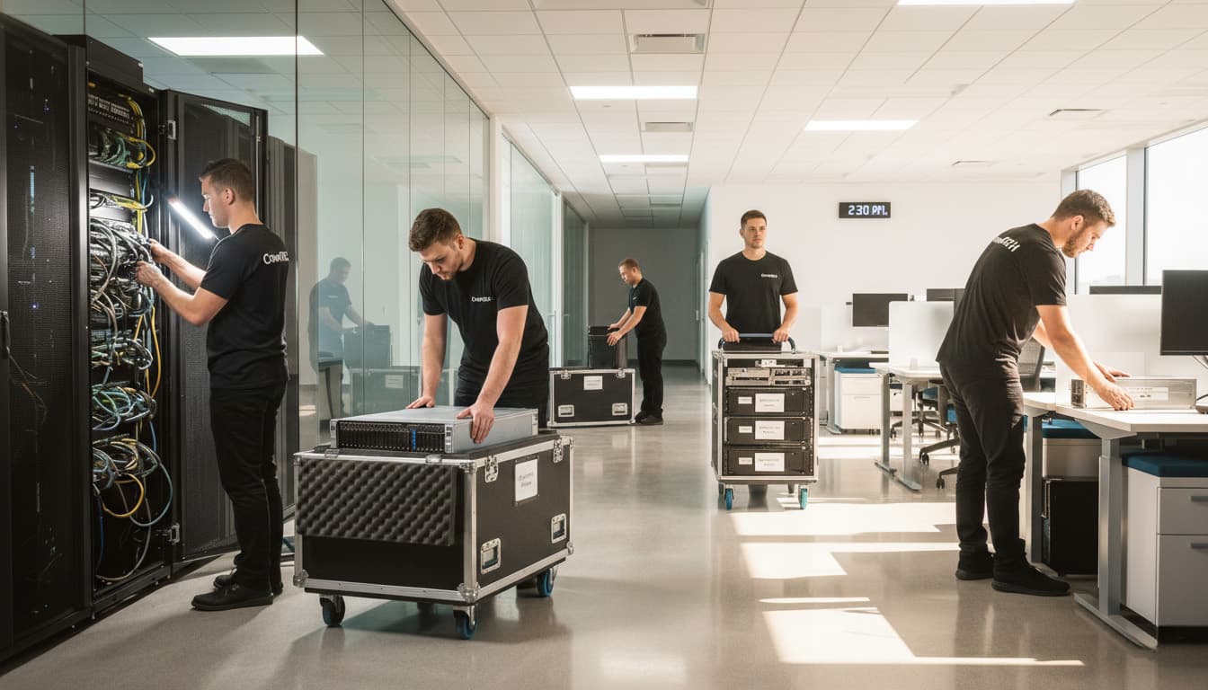 CrownTECH team executing IT equipment relocation with transport cases in office corridor