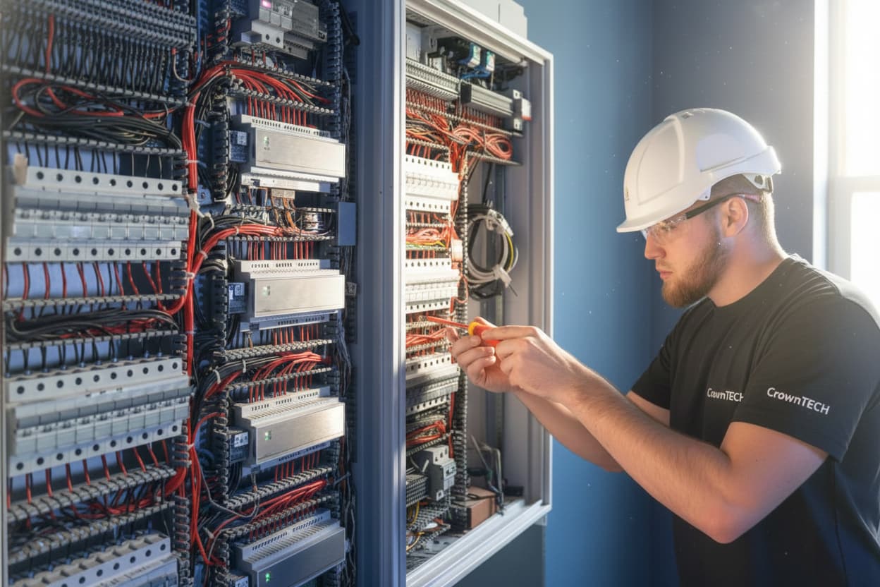 CrownTECH technician performing precision cabling work in infrastructure panel