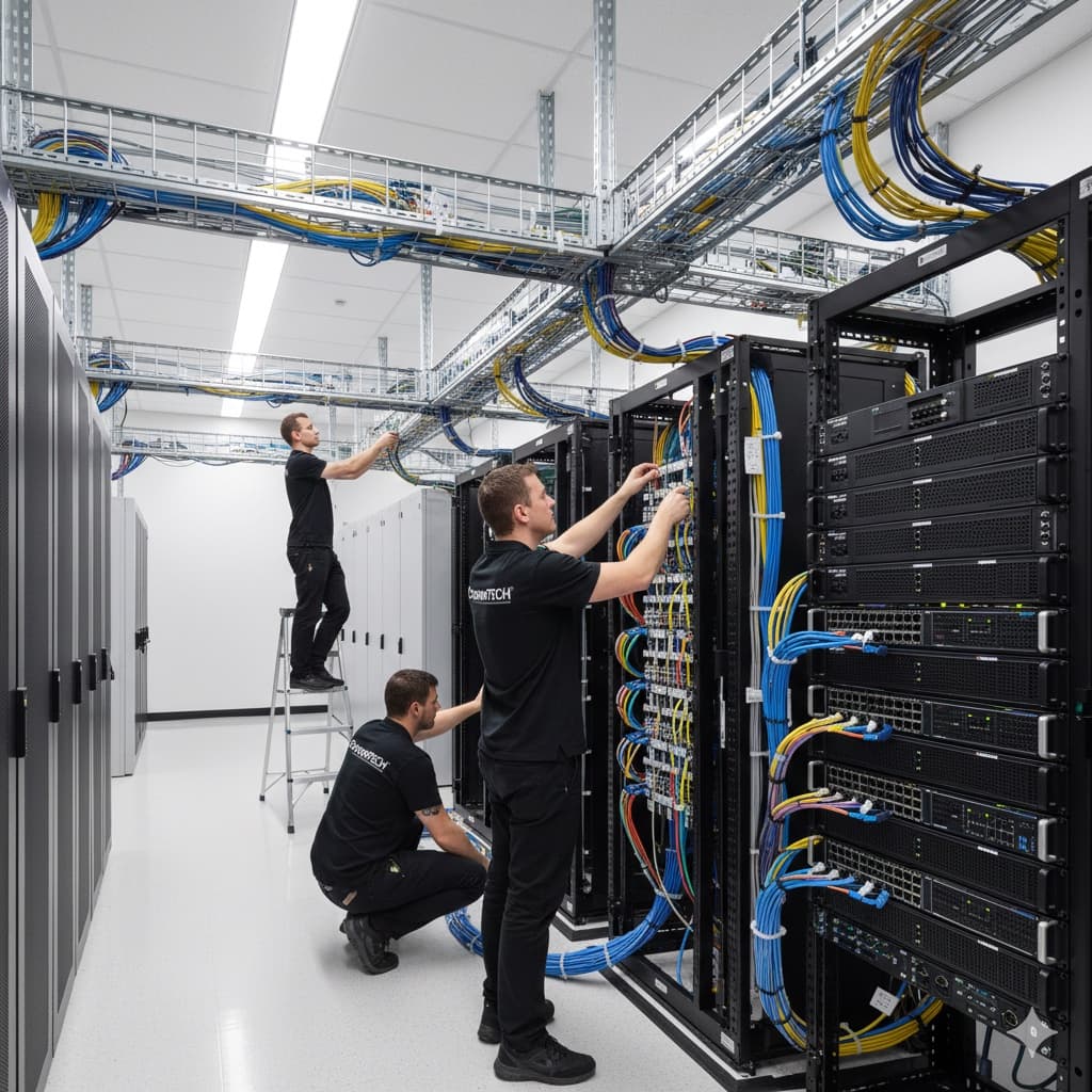 CrownTECH team completing structured cabling installation in server room
